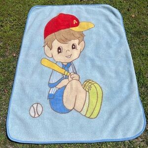 VTG Baby Blanket Baseball Boy Kawaii Precious Memories Style Fuzzy Blue 40”x56”